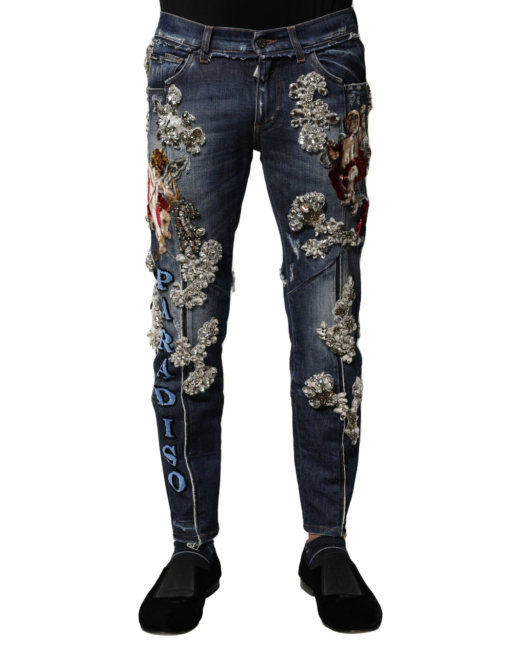Blue Cotton Rhinestone Embellish Denim Jeans mens luxury fashion - Mens Edit