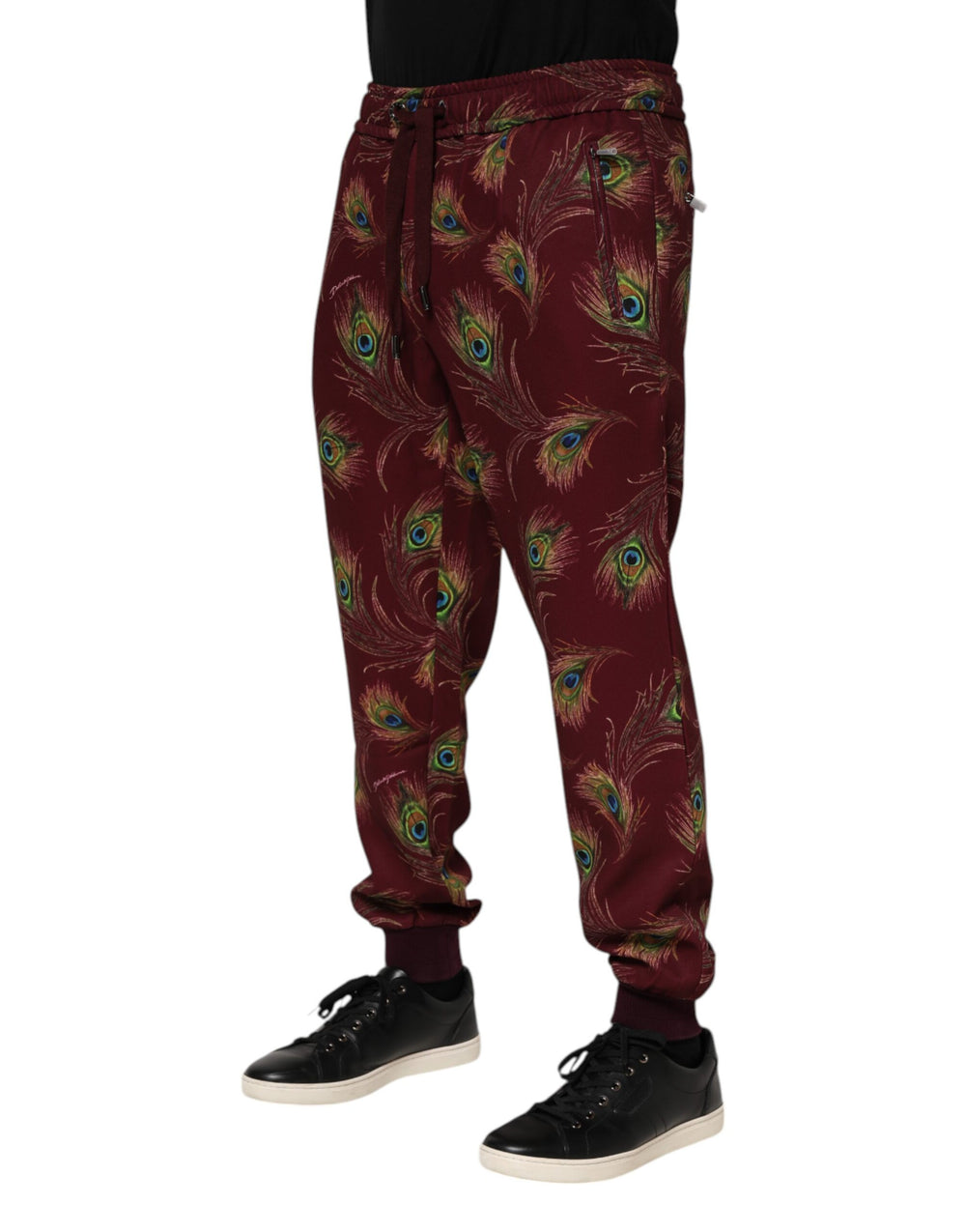 Dolce & Gabbana Peacock Feather Print Jogger Pants in Burgundy