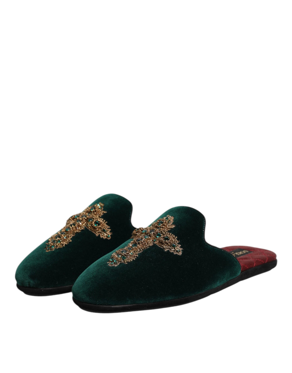 Dolce & Gabbana Velvet Cross-Embellished Slippers in Green