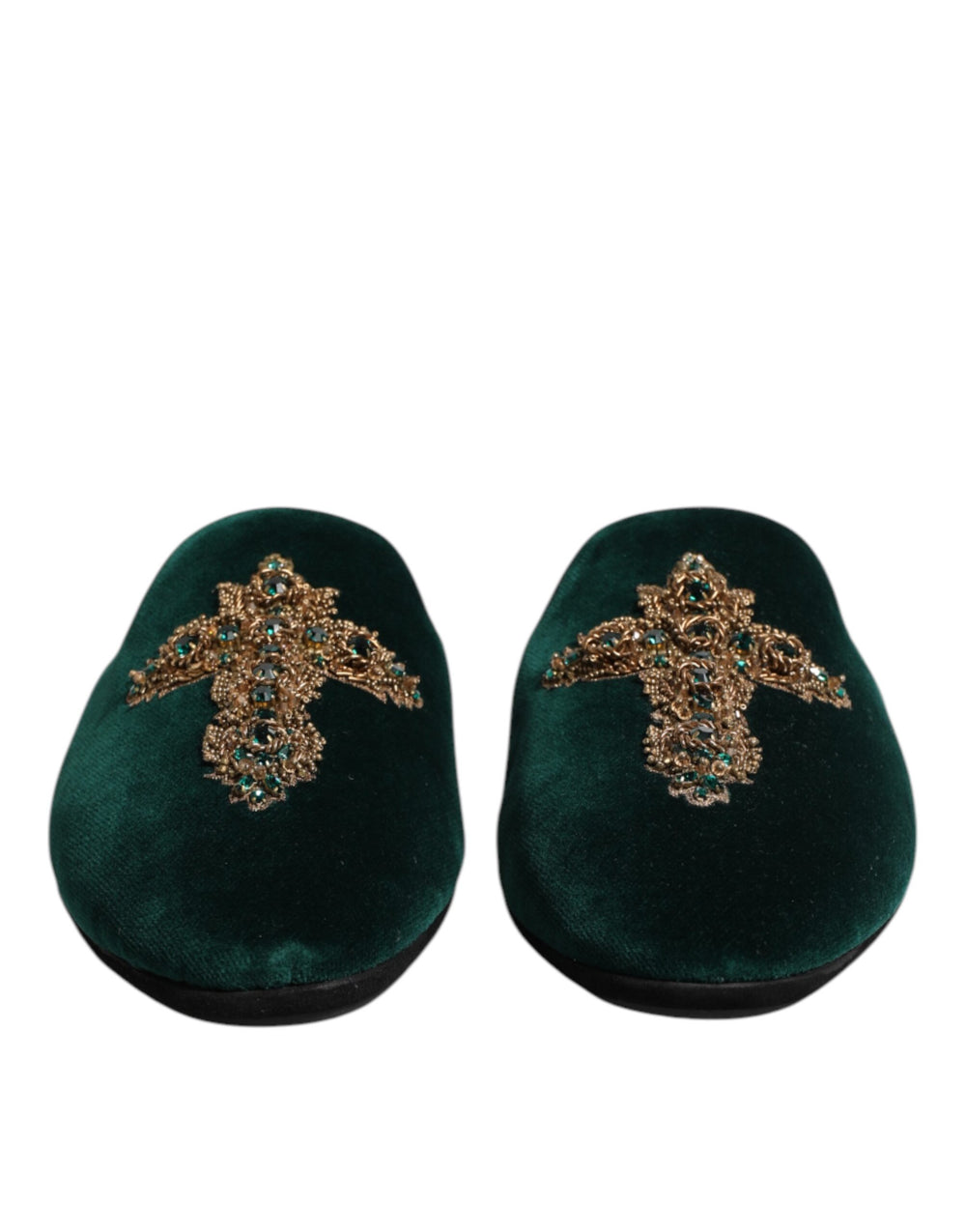 Dolce & Gabbana Velvet Cross-Embellished Slippers in Green