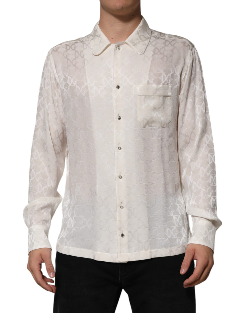 White Silk DG Logo Print Long Sleeves Shirt mens luxury fashion - Mens Edit
