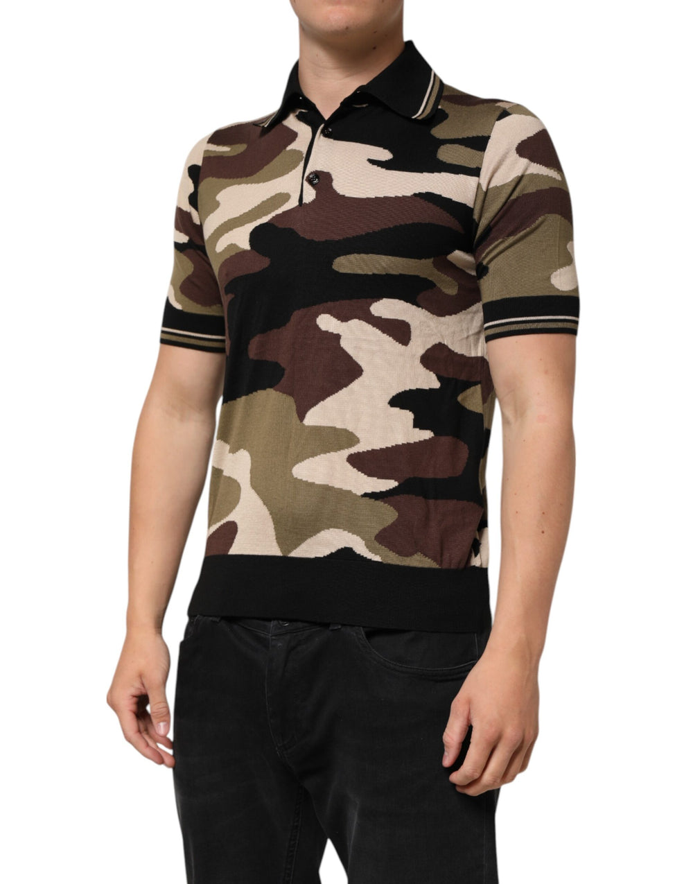 Dolce & Gabbana 100% Silk Military Polo Shirt in Brown Camouflage