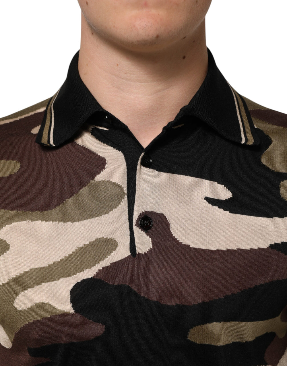 Dolce & Gabbana 100% Silk Military Polo Shirt in Brown Camouflage