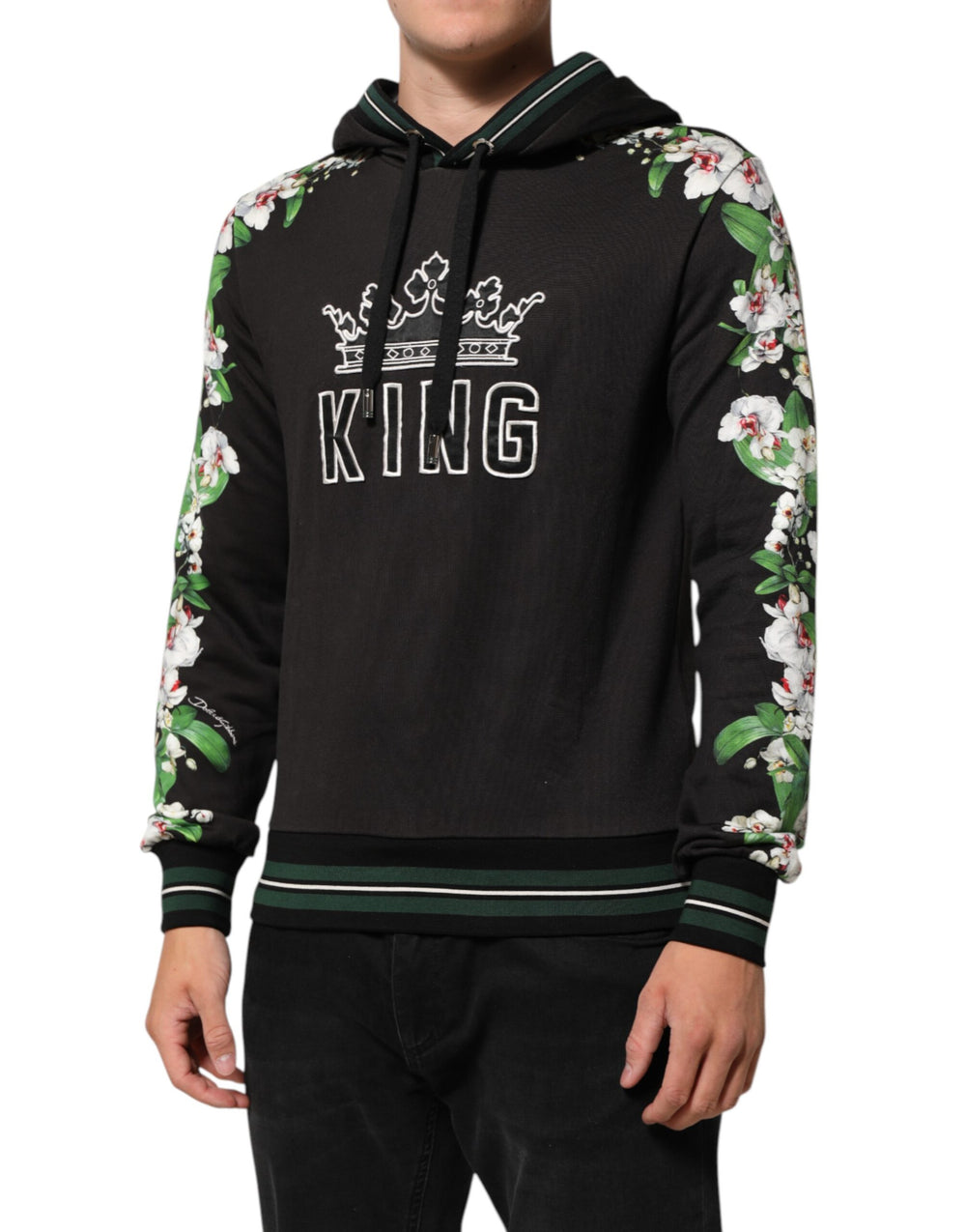 Dolce & Gabbana 100% Cotton Black Hoodie with Floral Print