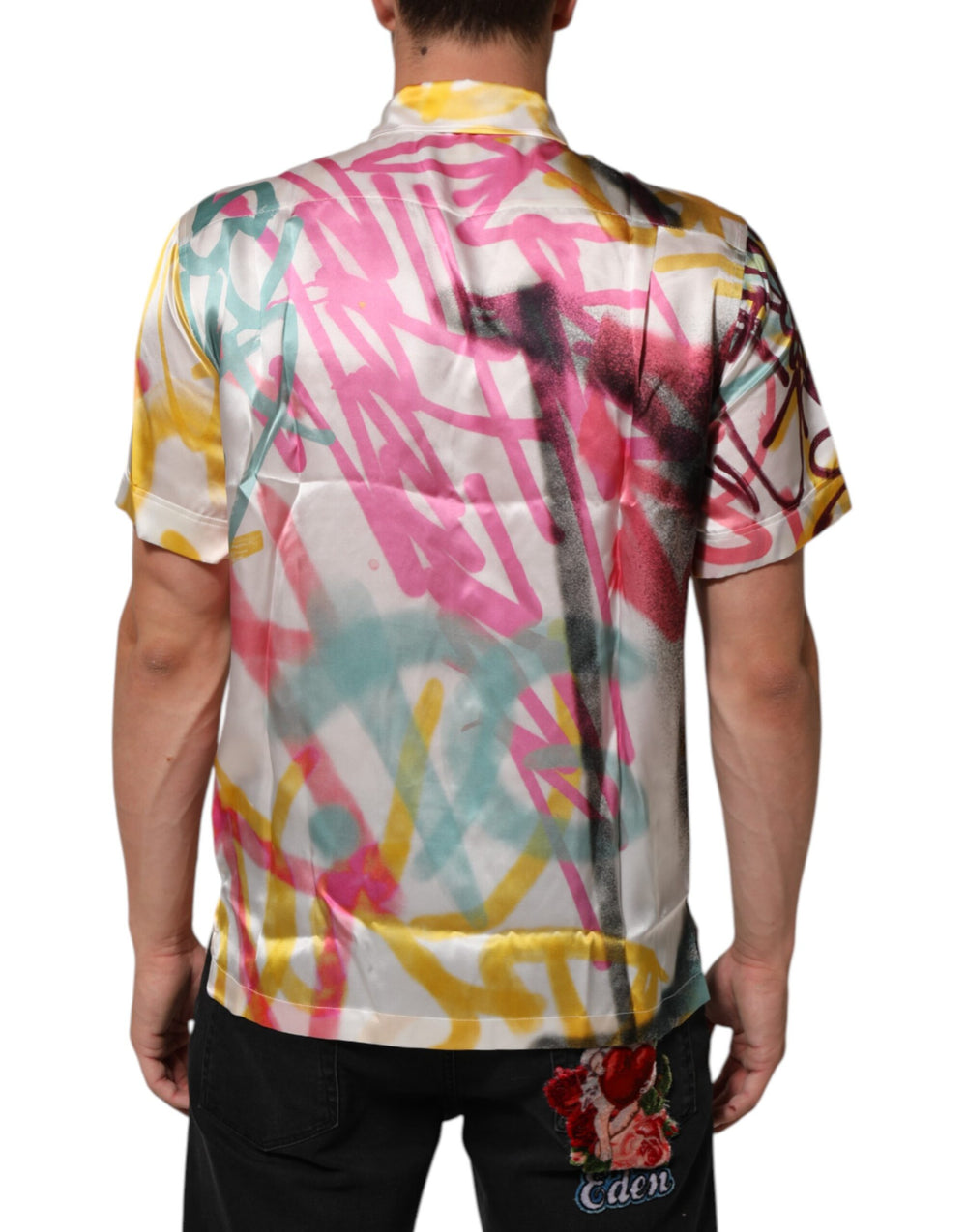 Dolce & Gabbana 100% Silk Hawaiian Graffiti Print Shirt in White