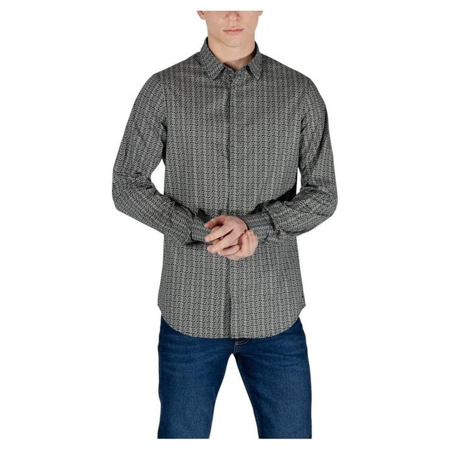 Armani Exchange Cotton-Elastane Geometric Pattern Shirt in Black