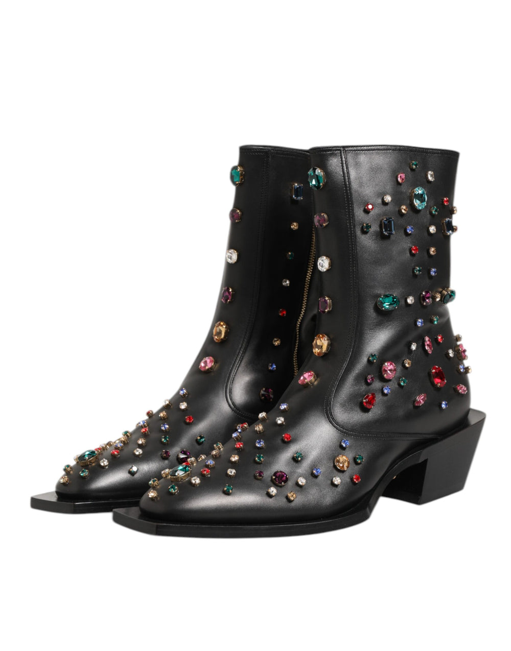 Dolce & Gabbana Crystal Embellished Calf Leather Ankle Boots in Black