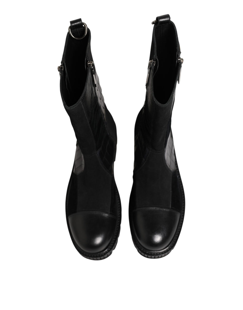 Black Patchwork Leather Mid Calf Boot Shoes