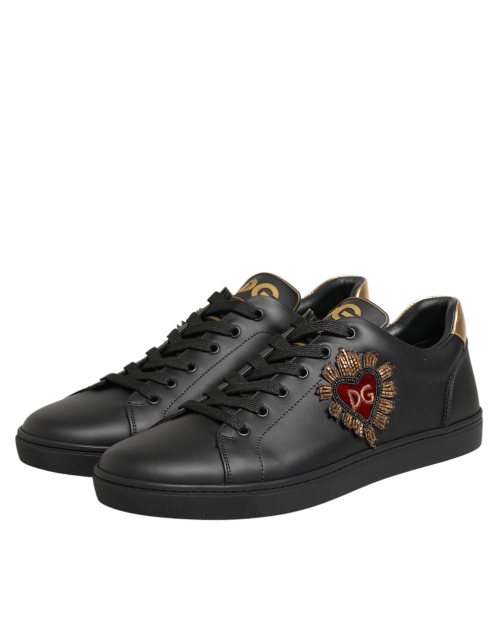 Dolce & Gabbana Calf Leather Heart Embellished Sneakers in Black