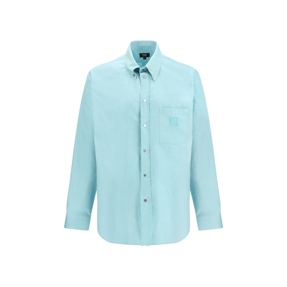 Fendi Blue Cotton Dress Shirt Embroidered mens luxury fashion - Mens Edit
