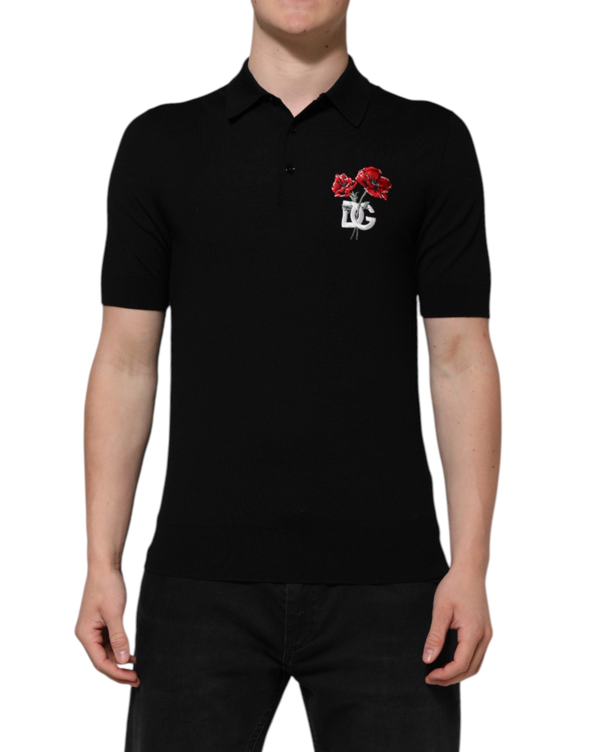 Black Wool Logo Floral Short Sleeve T-shirt mens luxury fashion - Mens Edit