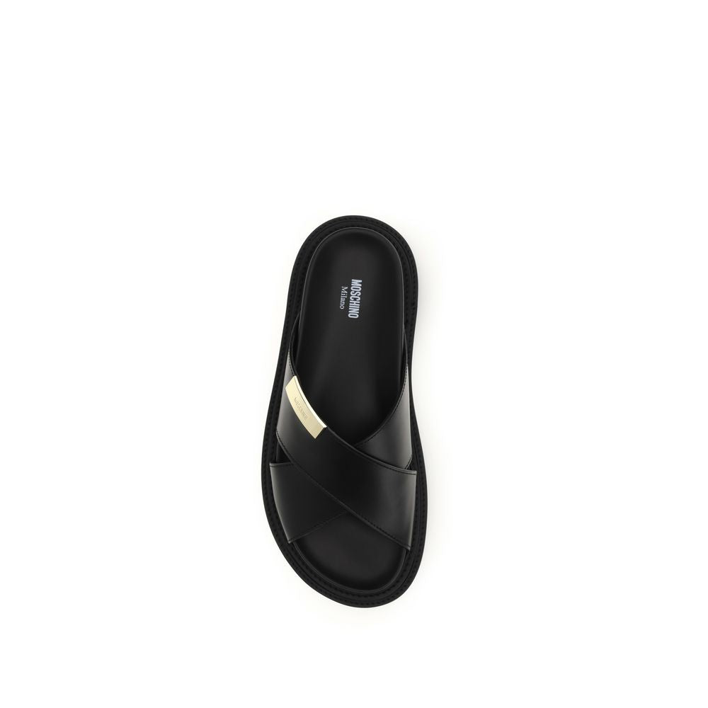 Moschino Black Calf Leather Crossed-Strap Sandals
