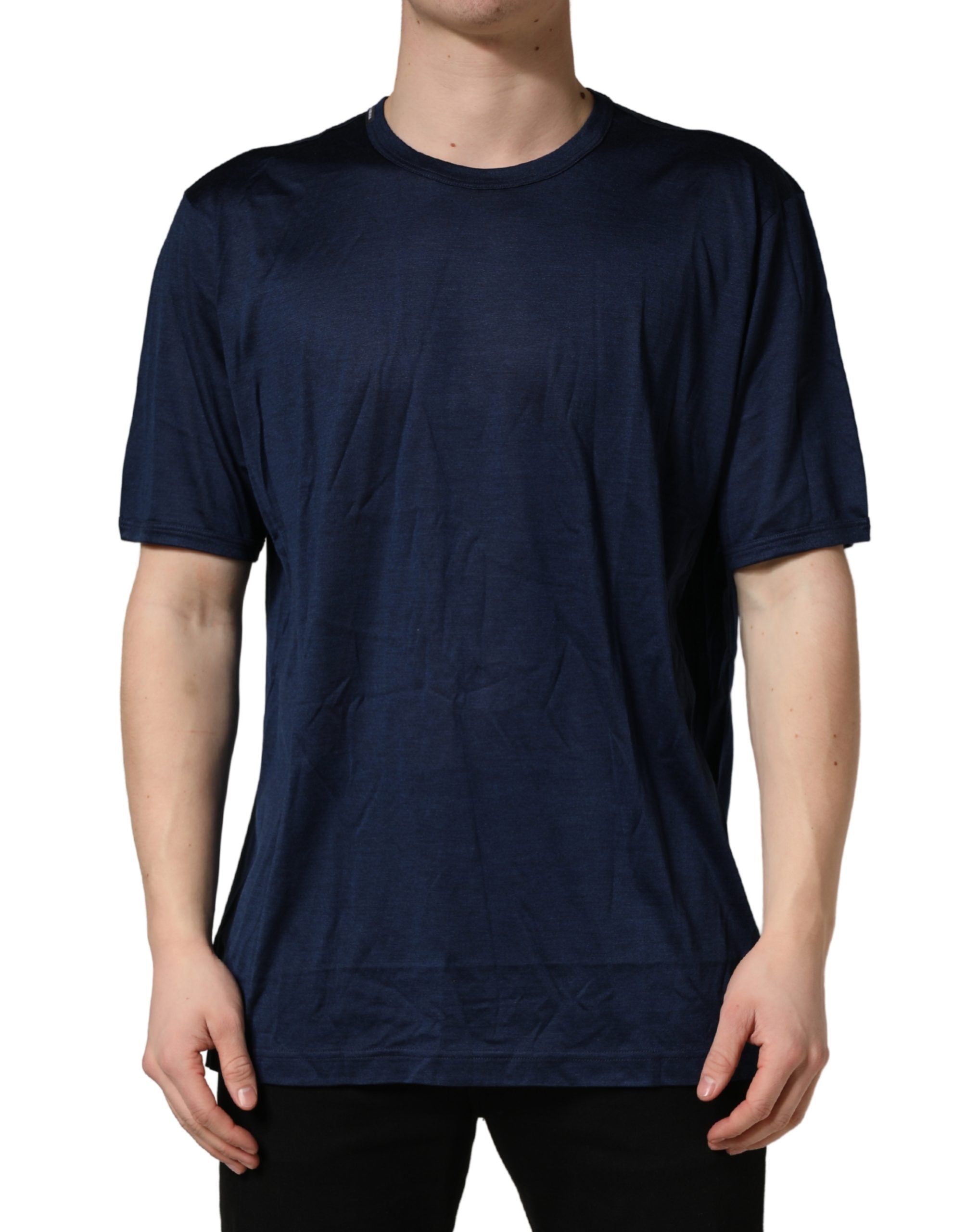Dark Blue Silk Short Sleeve CrewNeck T-shirt mens luxury fashion - Mens Edit