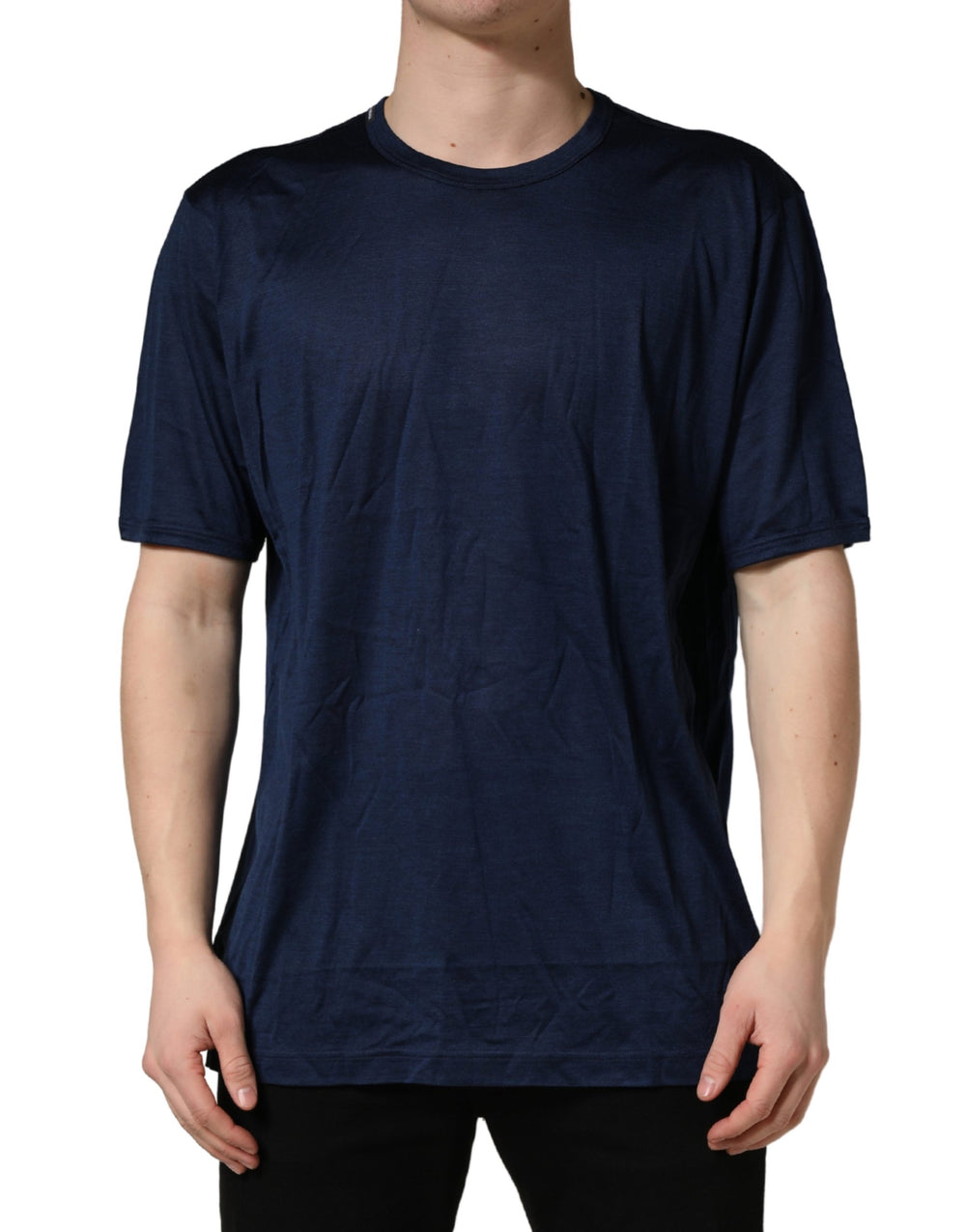 Dolce & Gabbana 100% Silk Crew Neck T-shirt in Dark Blue