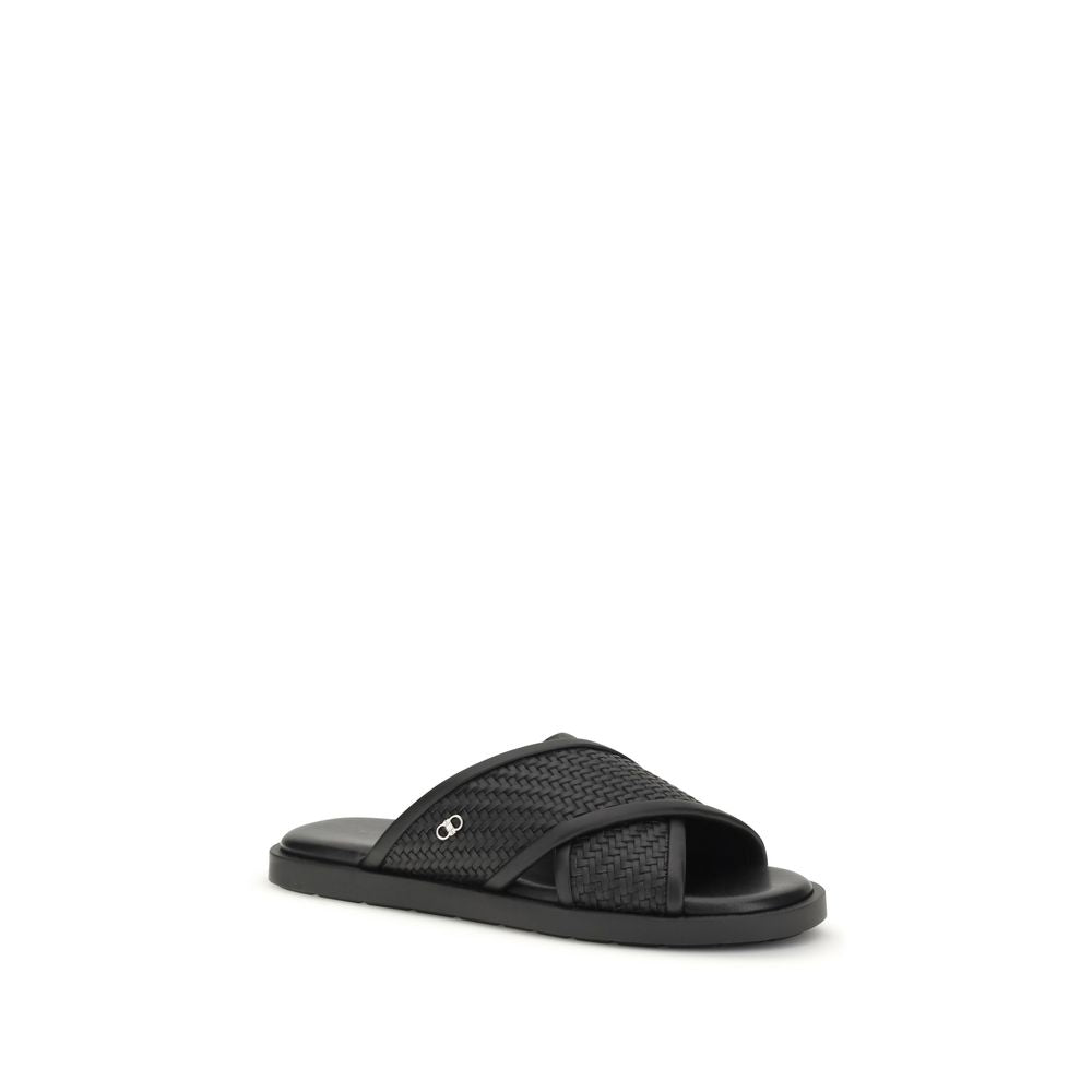 Ferragamo Calf Leather Gancini Flat Sandals in Black