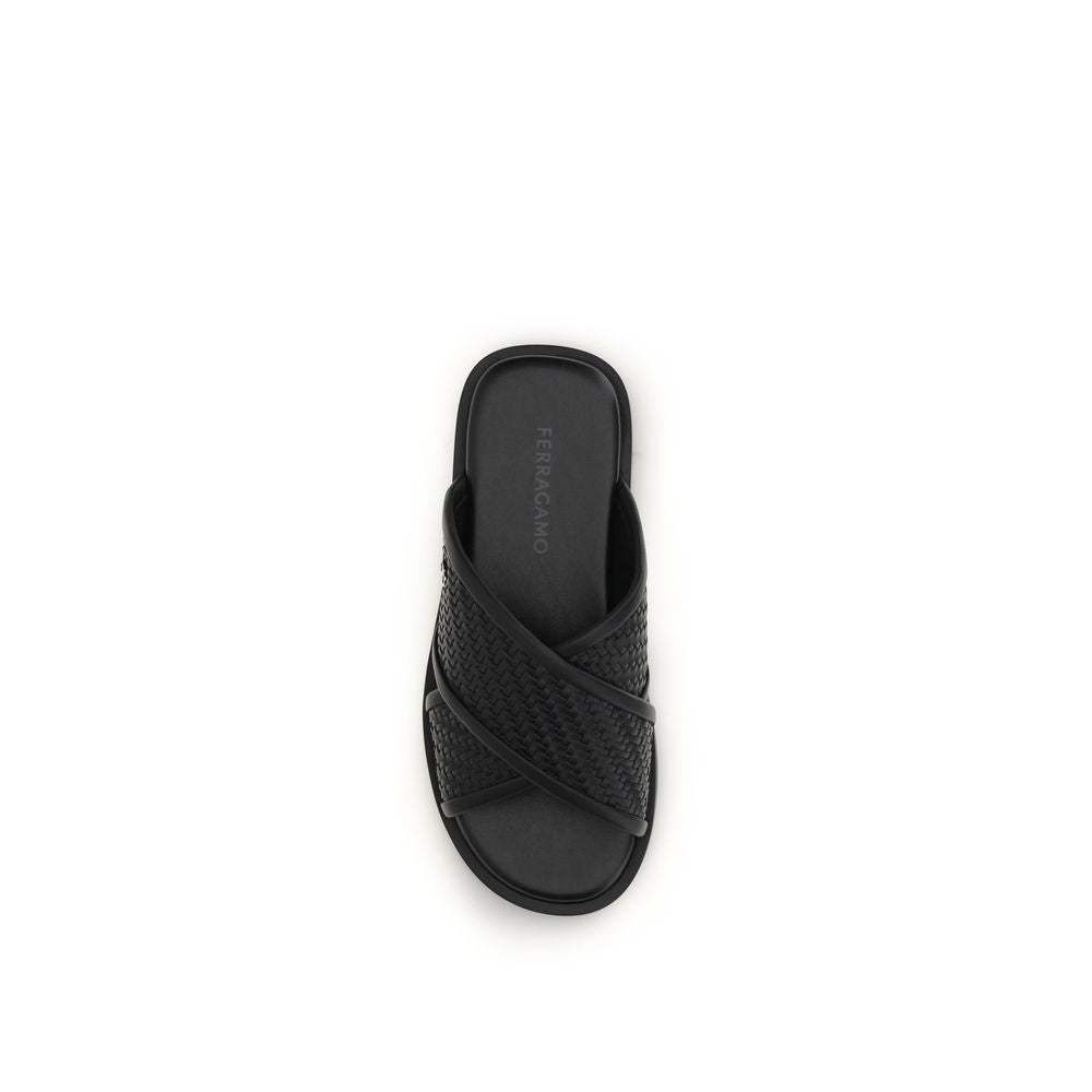 Ferragamo Calf Leather Gancini Flat Sandals in Black
