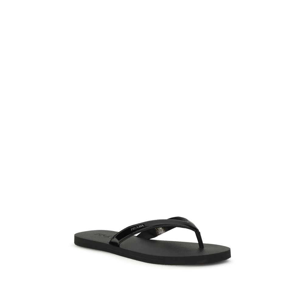 Prada Calf Leather Flip-Flop Sandals in Black