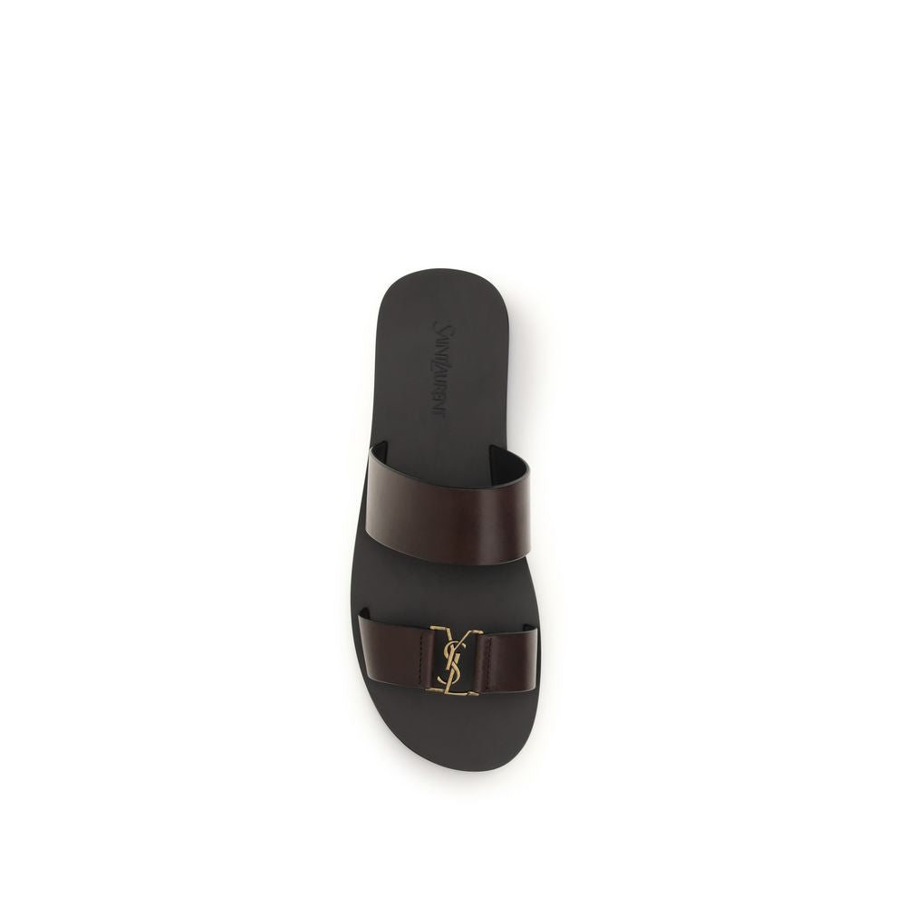 Saint Laurent Calf Leather Flat Sandals in Brown