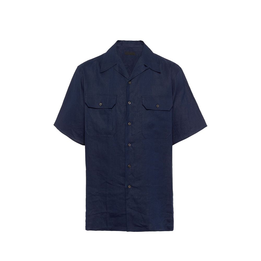 Prada Πουκάμισο από 100% λινό με Cuban Collar σε Μπλε