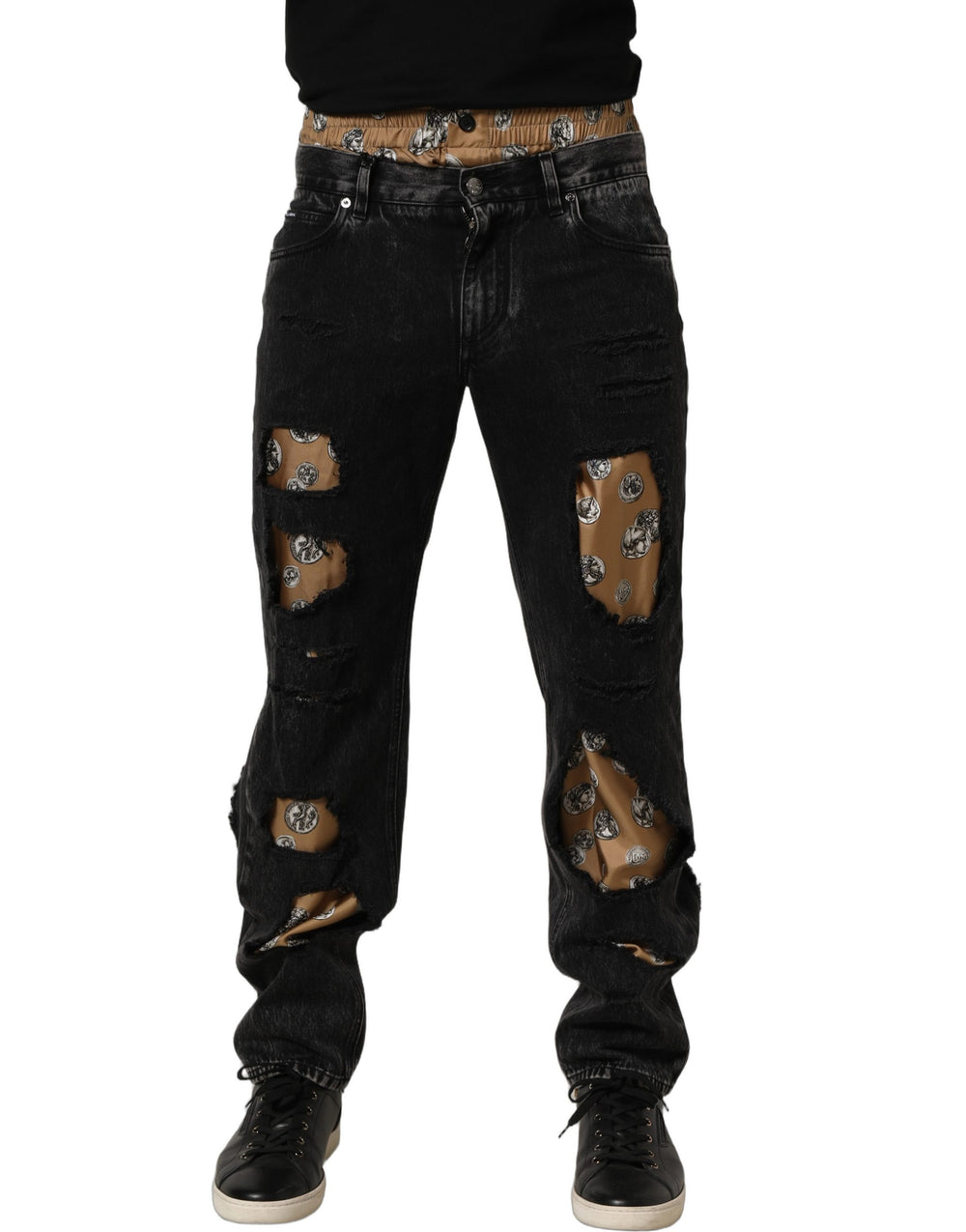 Dolce & Gabbana Black Distressed Cotton Straight Jeans