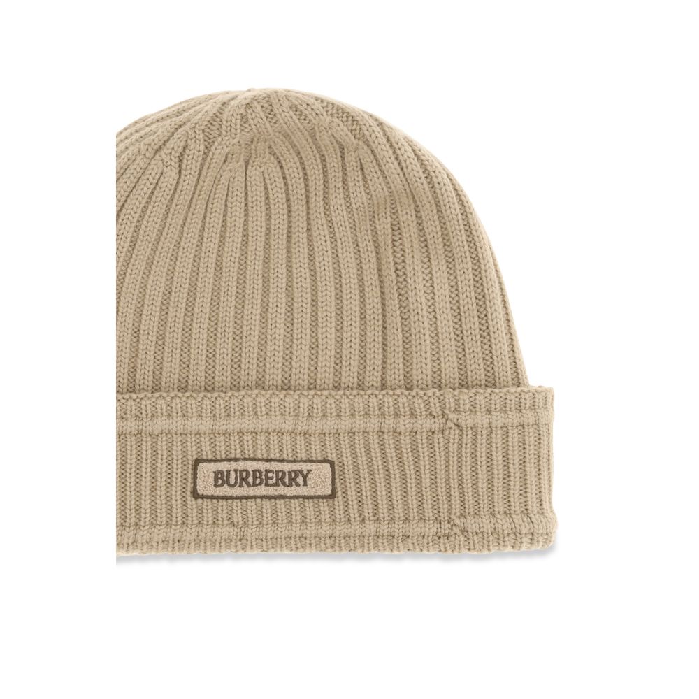 Burberry 100% Merino Wool Ribbed Beanie in Beige