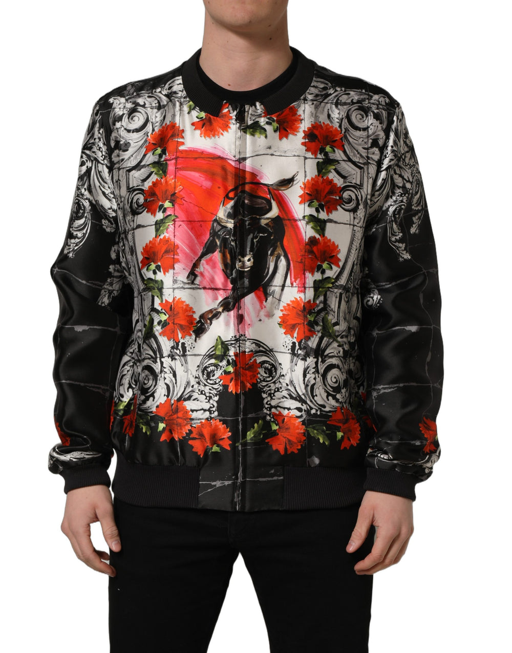 Dolce & Gabbana 100% Silk Majolica Bull Print Bomber Jacket in Multicolor