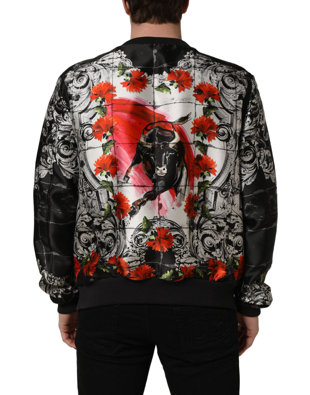 Dolce & Gabbana 100% Silk Majolica Bull Print Bomber Jacket in Multicolor