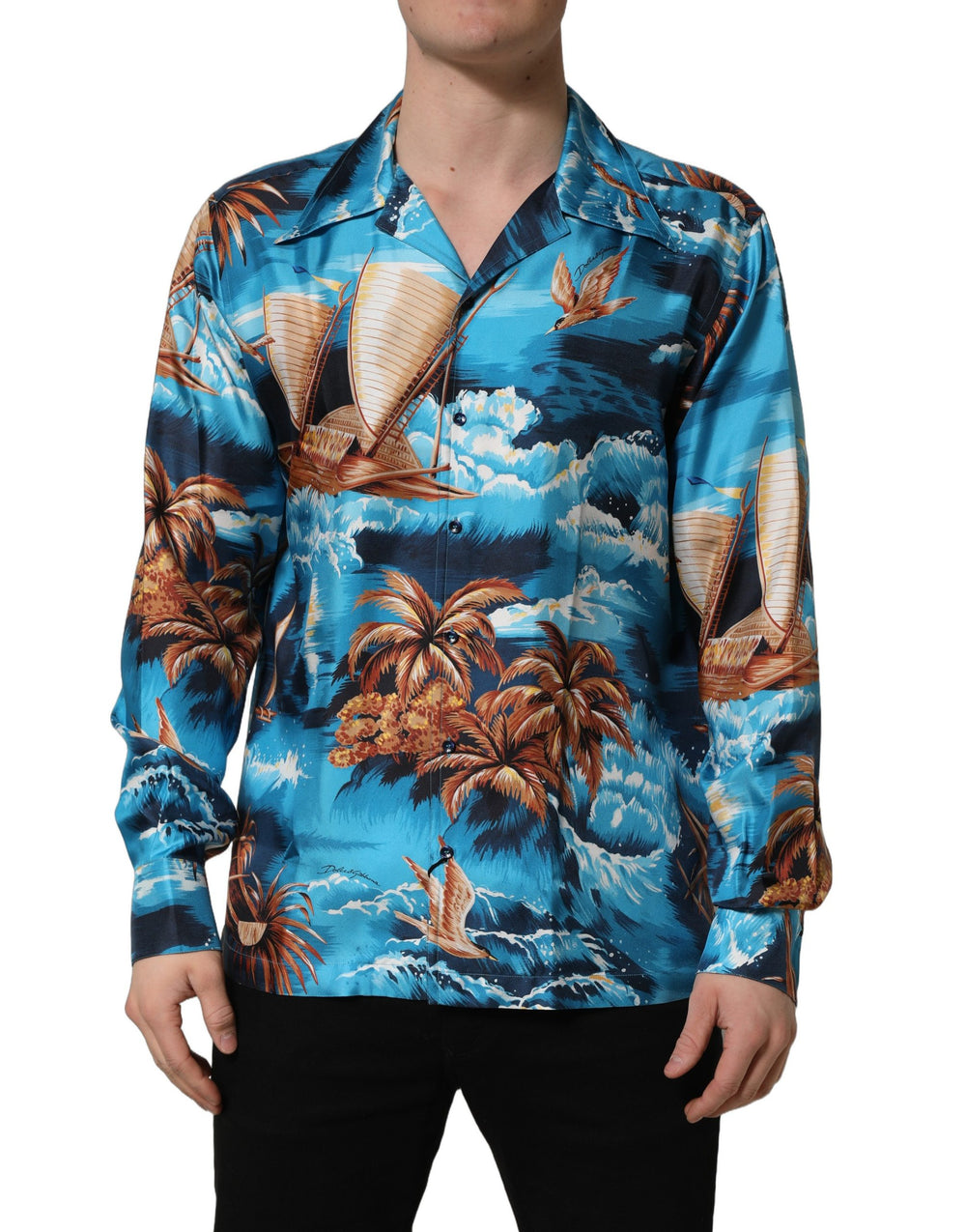 Dolce & Gabbana 100% Silk Hawaiian Graphic Print Shirt in Blue