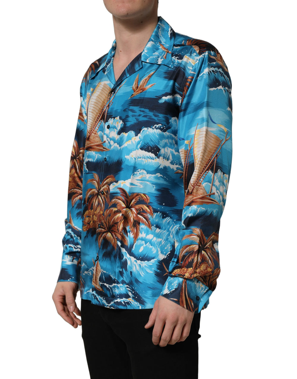 Dolce & Gabbana 100% Silk Hawaiian Graphic Print Shirt in Blue