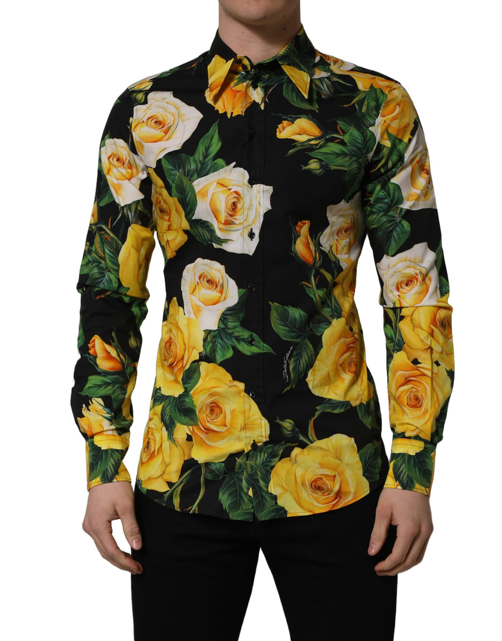Dolce & Gabbana Floral Stretch Cotton Dress Shirt in Black