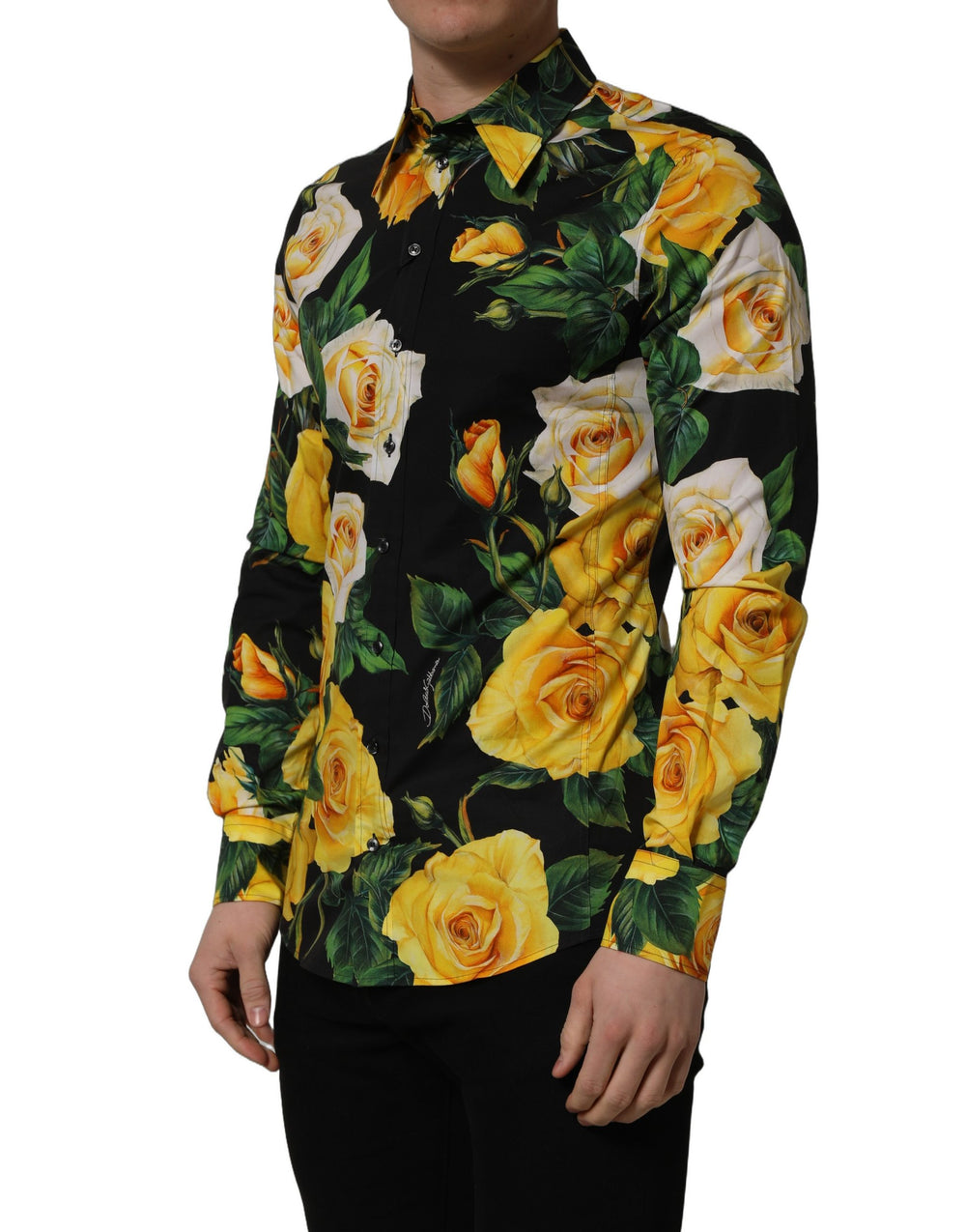 Dolce & Gabbana Floral Stretch Cotton Dress Shirt in Black