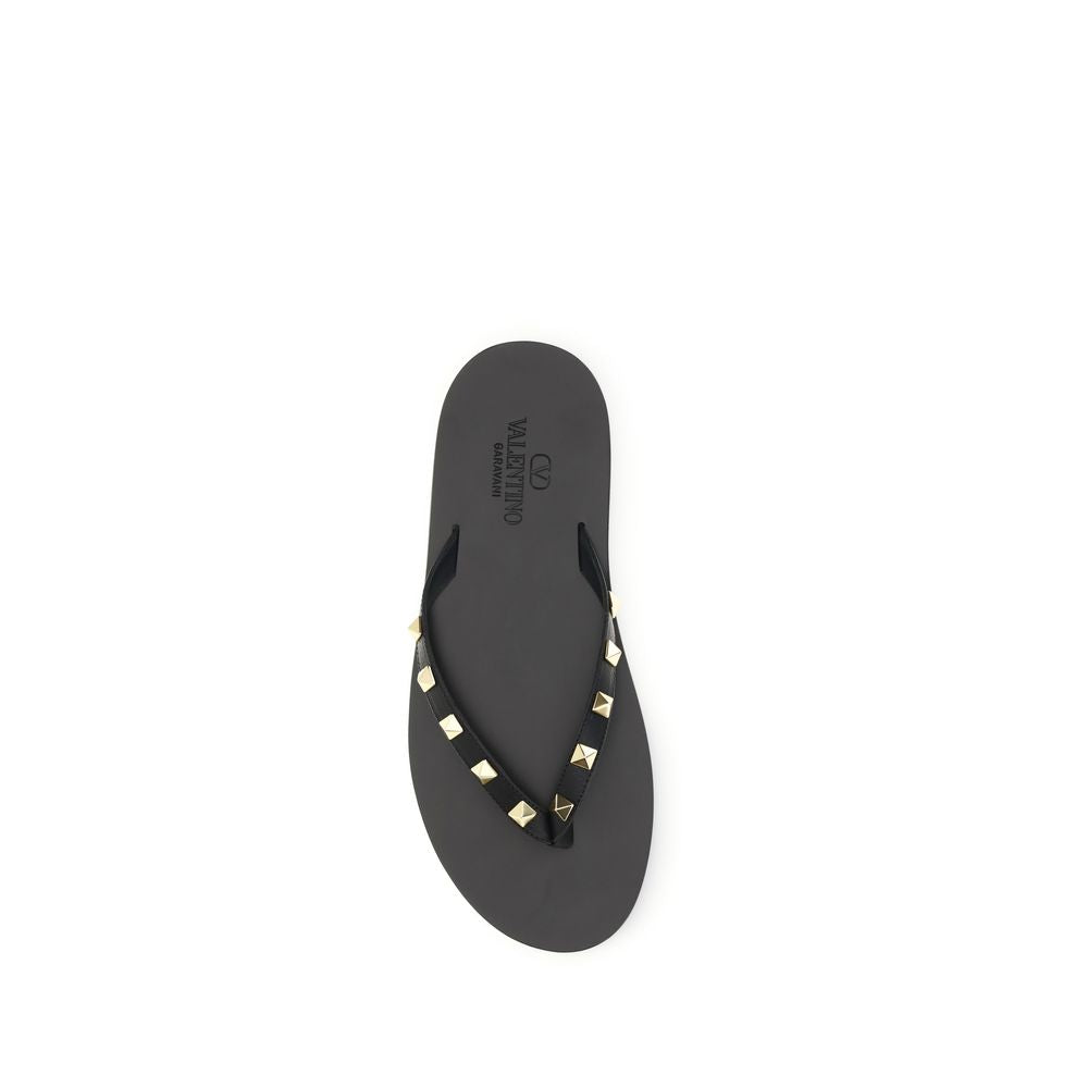 Valentino Garavani 100% Calf Leather Rockstud Flip-Flop Sandals in Black