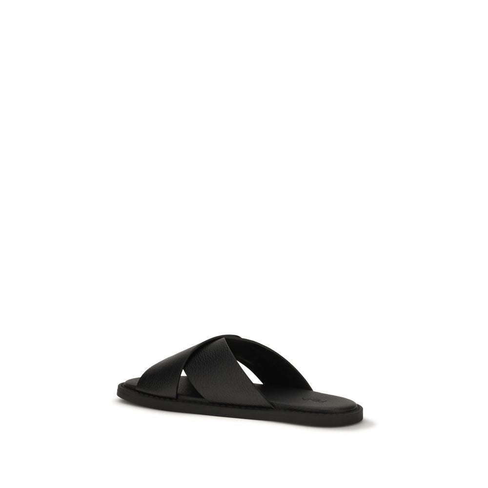 Fendi 100% Calf Leather Flat Sandals in Black