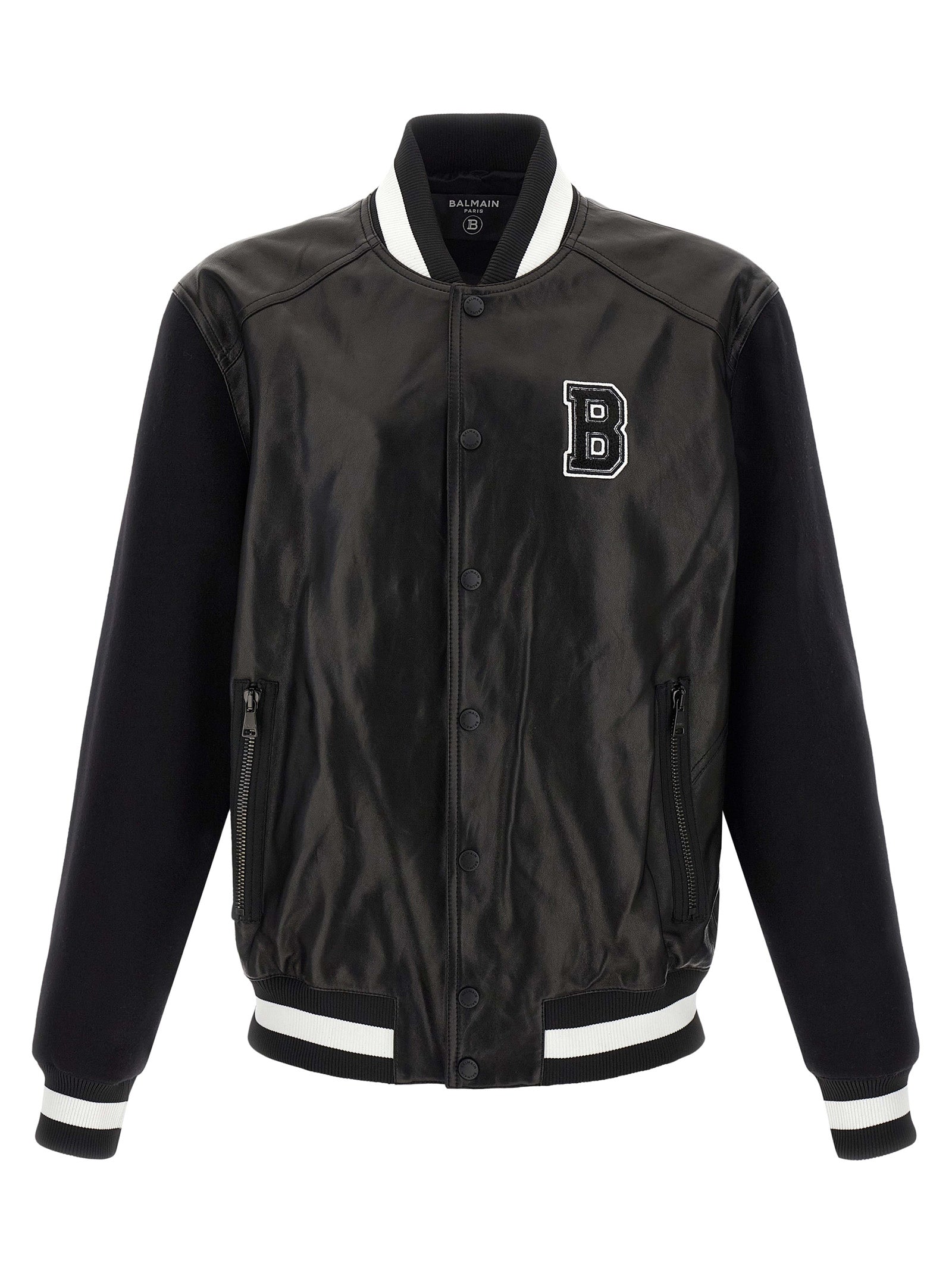 Balmain Δερμάτινο Jacket από δέρμα αρνιού σε Λευκό και Μαύρο