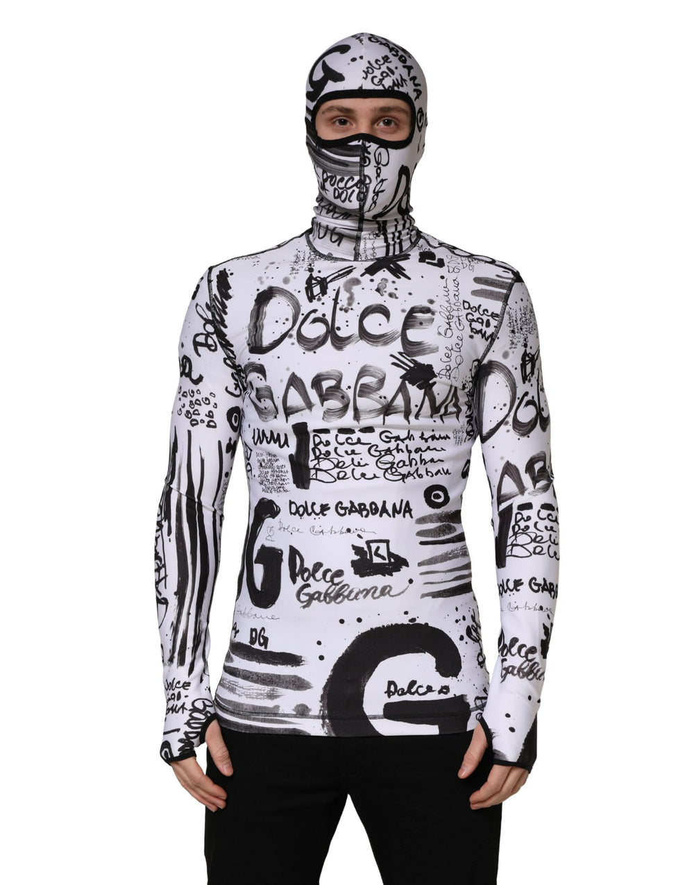 Dolce & Gabbana Jersey Graffiti Print Balaclava Sweater in White