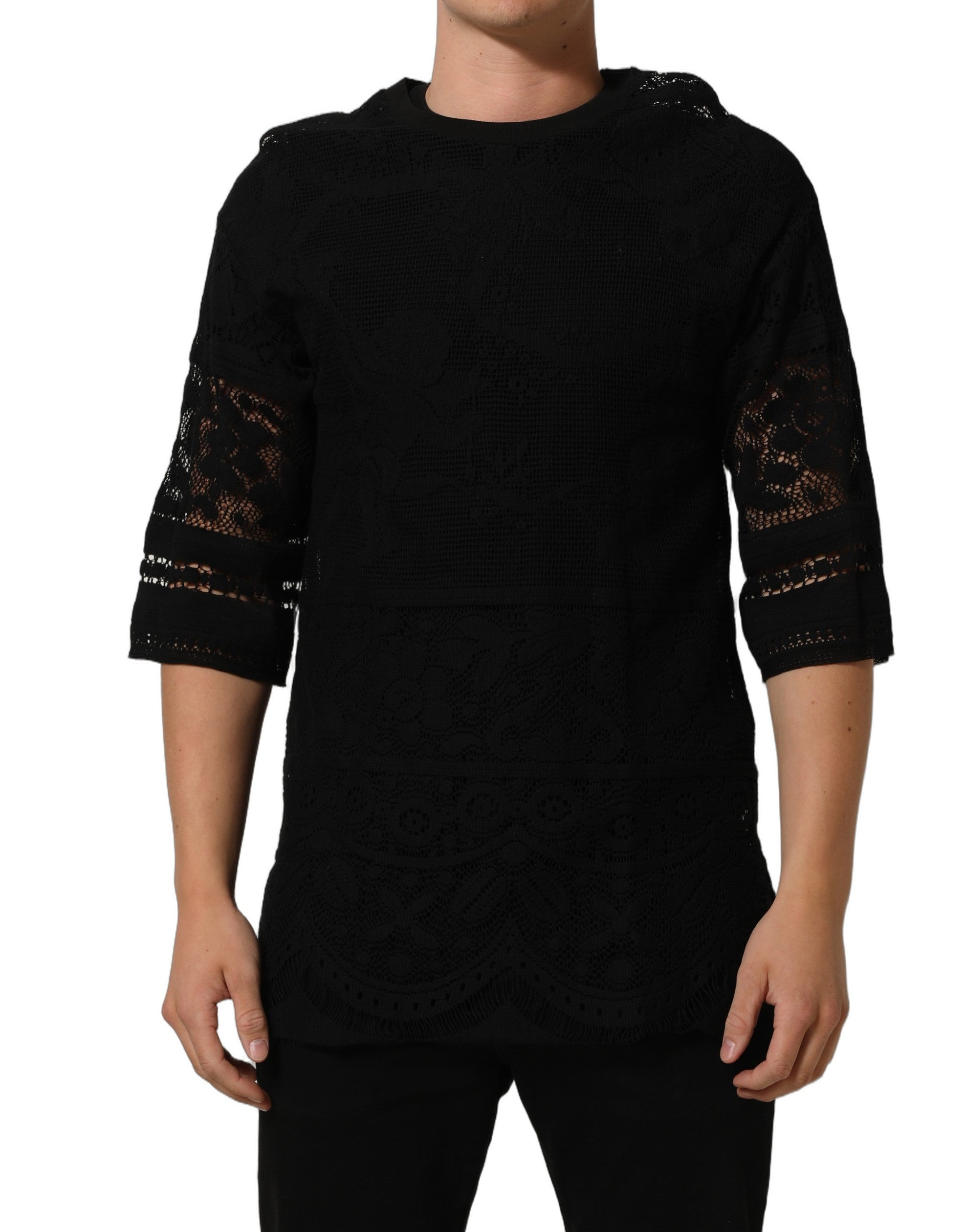 Dolce & Gabbana Βαμβακερό T-shirt με Δαντέλα Λουλουδάτου Μοτίβου σε Μαύρο