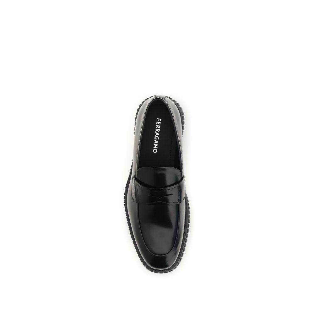 Ferragamo Brushed Calf Leather Slip-On Loafers in Black