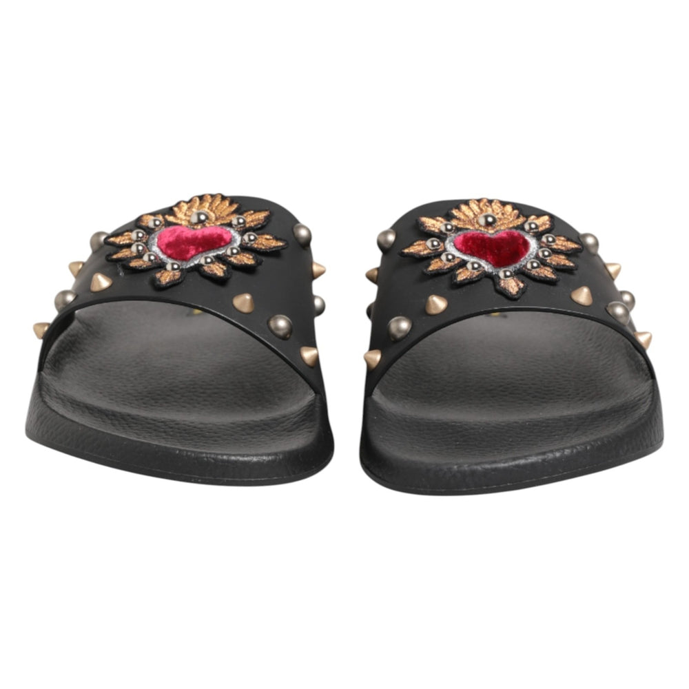 Black Heart Patch Rubber Calfskin Slippers Shoes