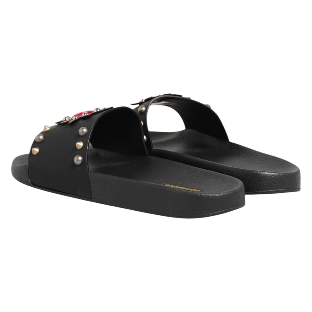Black Heart Patch Rubber Calfskin Slippers Shoes