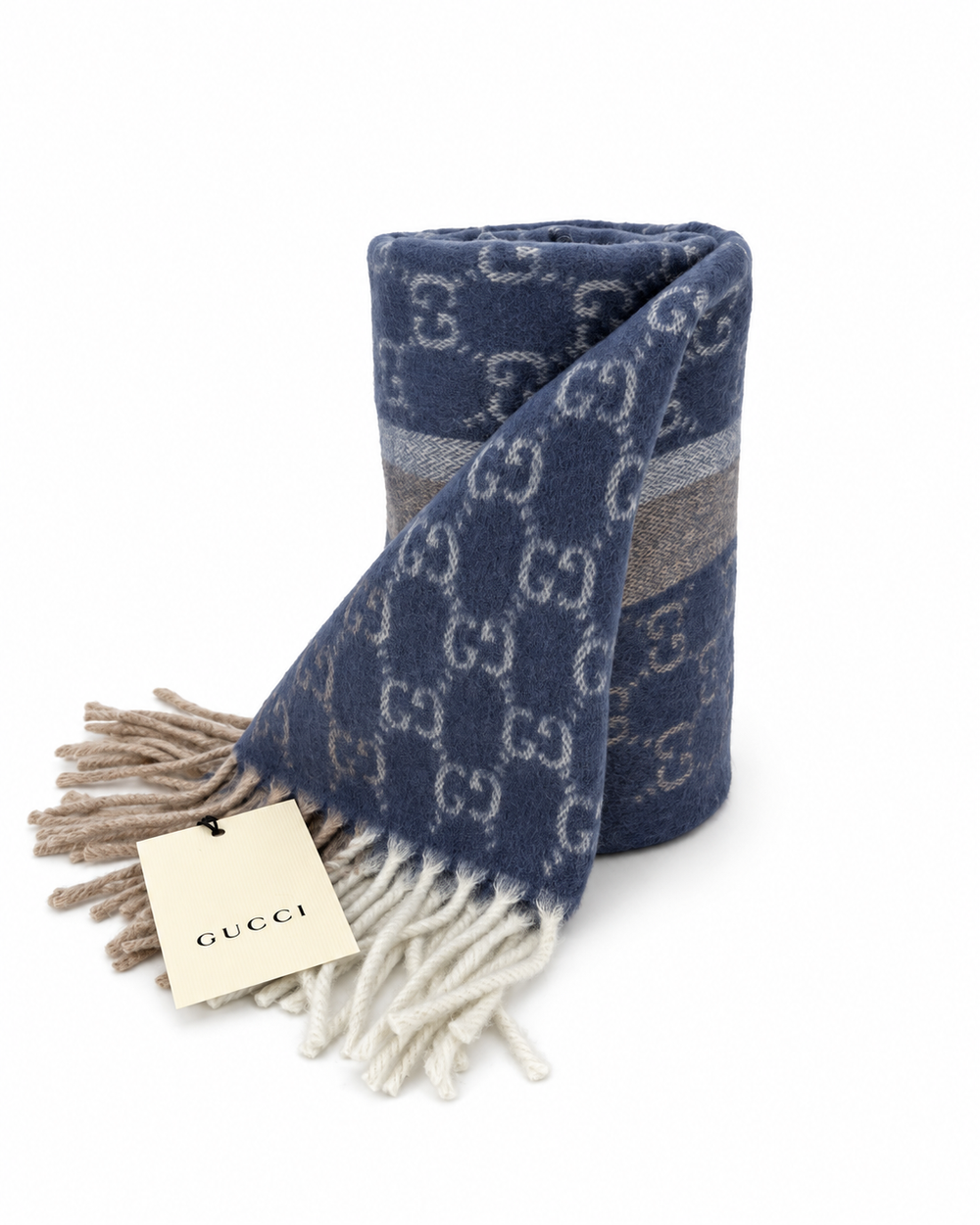 Gucci Κασκόλ από Κασμίρι και Μαλλί σε Μπλε με Μπεζ και Κρεμ Κρόσσια