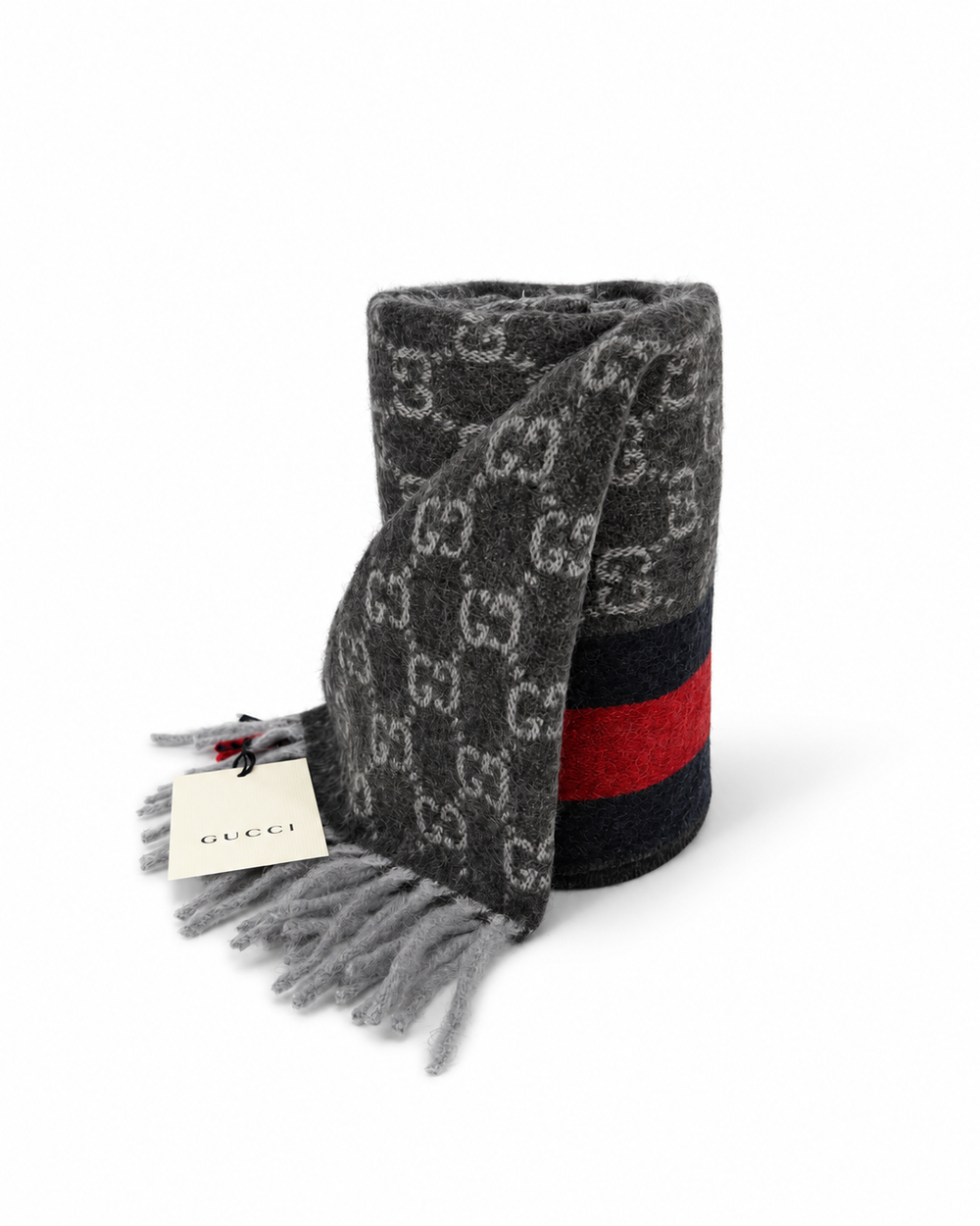 Gucci Κασκόλ από Κασμίρ & Μαλλί σε Ανθρακί με Κόκκινη και μπλε σκούρο Ρίγα