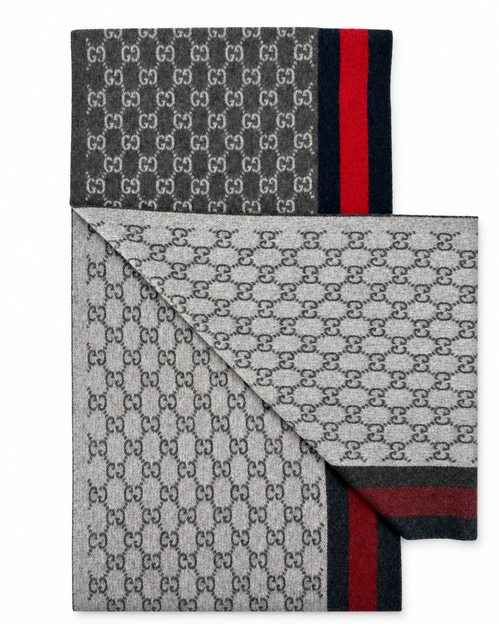Gucci Κασκόλ από Κασμίρ & Μαλλί σε Ανθρακί με Κόκκινη και μπλε σκούρο Ρίγα