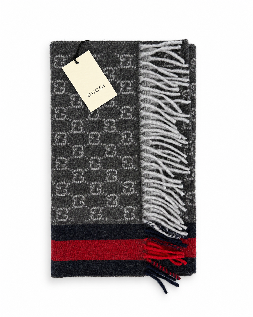 Gucci Κασκόλ από Κασμίρ & Μαλλί σε Ανθρακί με Κόκκινη και μπλε σκούρο Ρίγα