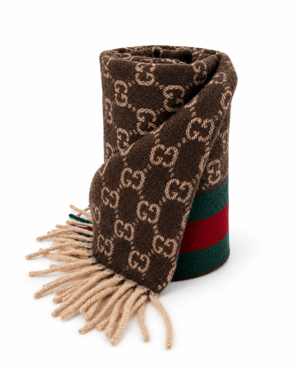 Gucci Κασκόλ από Κασμίρι και Μαλλί με GG Μονόγραμμα και Πράσινη & Κόκκινη Ρίγα Web σε Καφέ