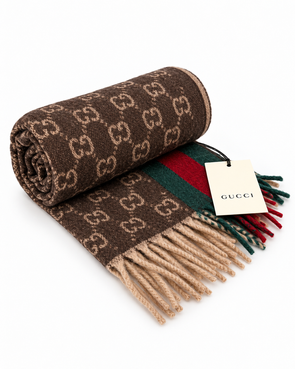 Gucci Κασκόλ από Κασμίρι και Μαλλί με GG Μονόγραμμα και Πράσινη & Κόκκινη Ρίγα Web σε Καφέ