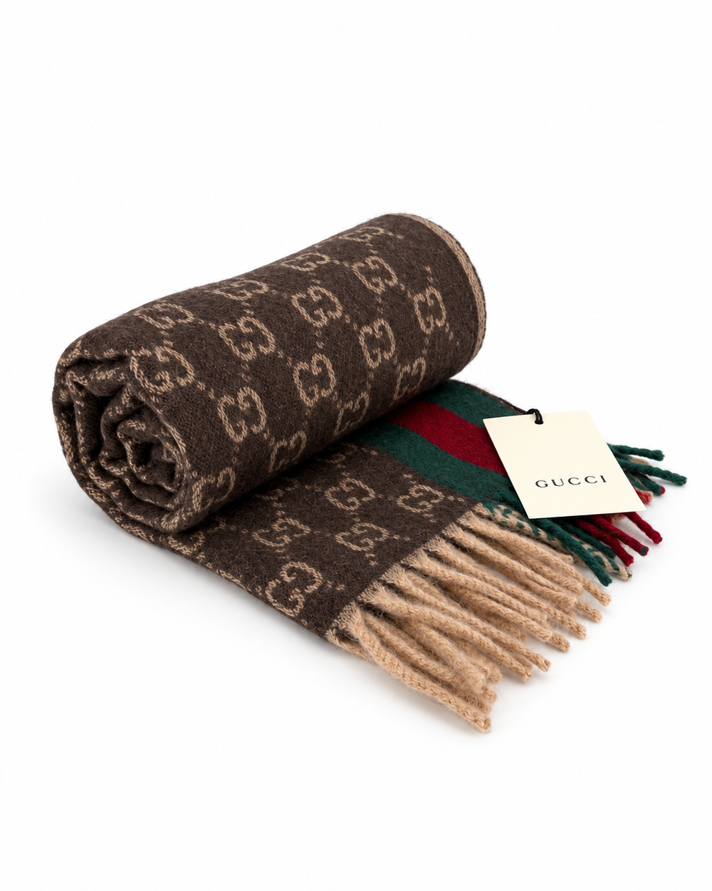 Gucci Κασκόλ από Κασμίρι και Μαλλί με GG Μονόγραμμα και Πράσινη & Κόκκινη Ρίγα Web σε Καφέ