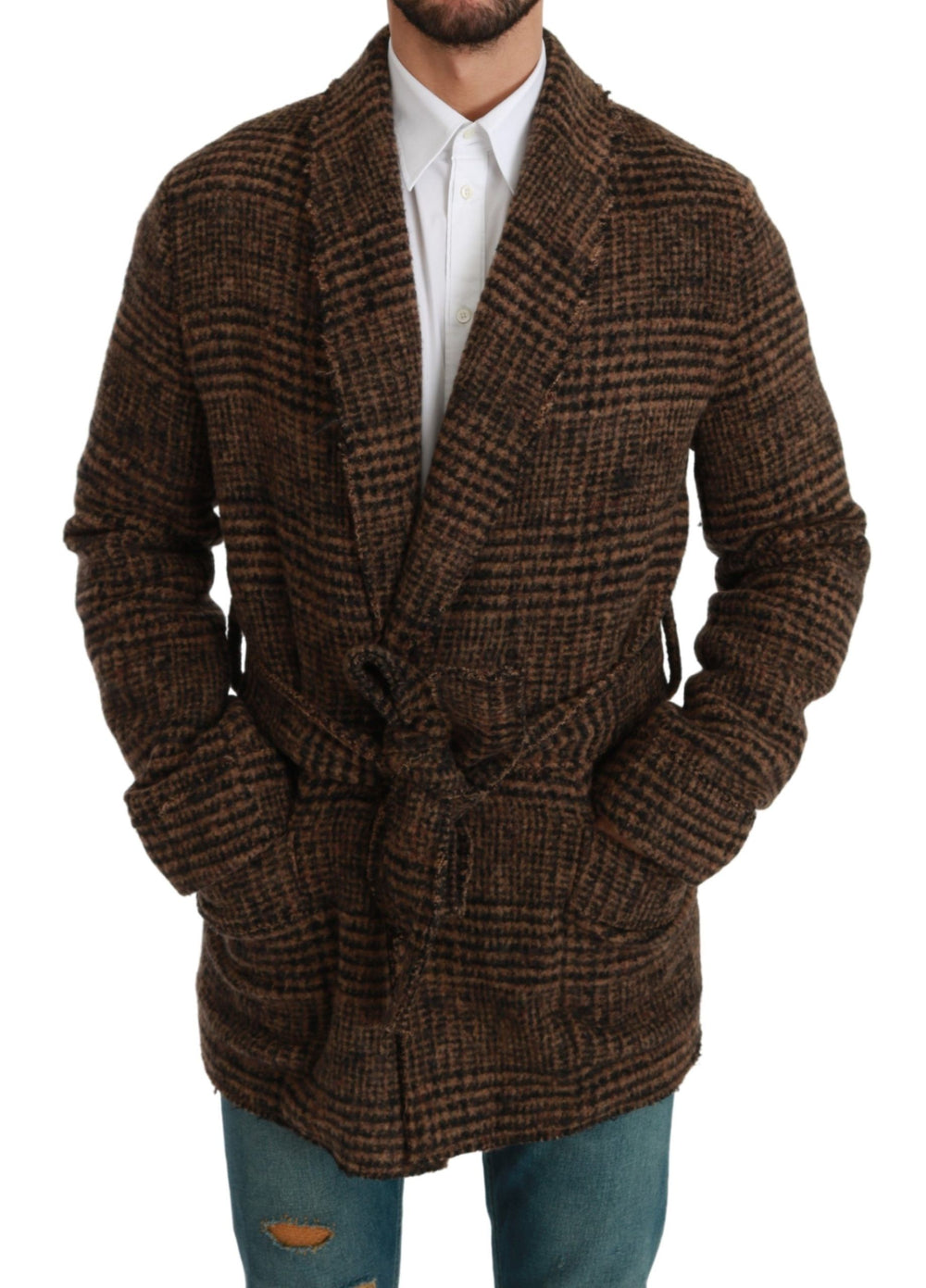 Brown Checkered Wool Robe Coat Wrap Jacket mens luxury fashion - Mens Edit