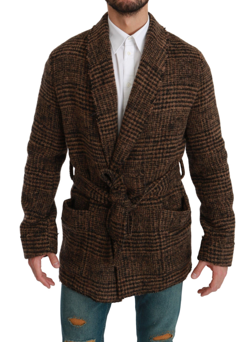 Dolce & Gabbana Wool-Alpaca Robe Coat in Brown Check