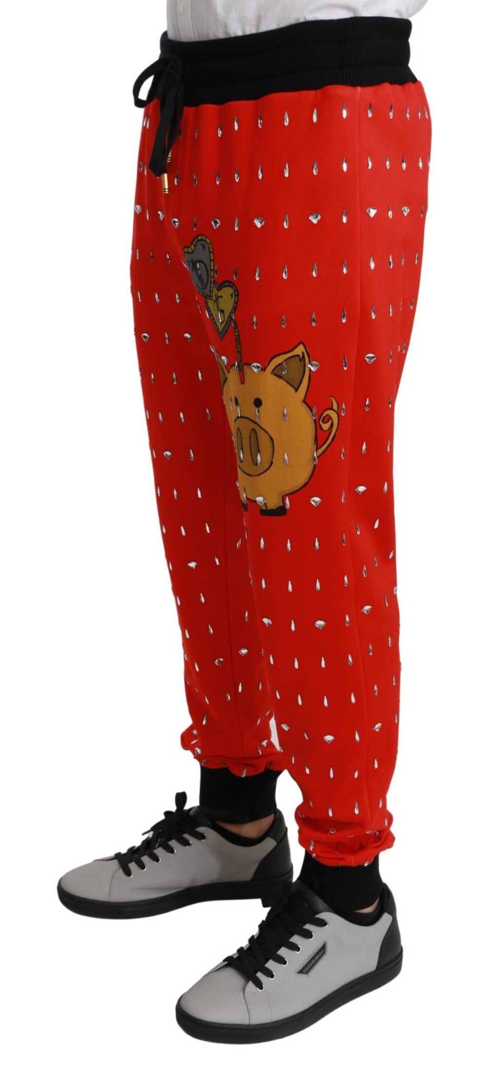 Red Piggy Bank Cotton Crystal Trousers Pants mens luxury fashion - Mens Edit