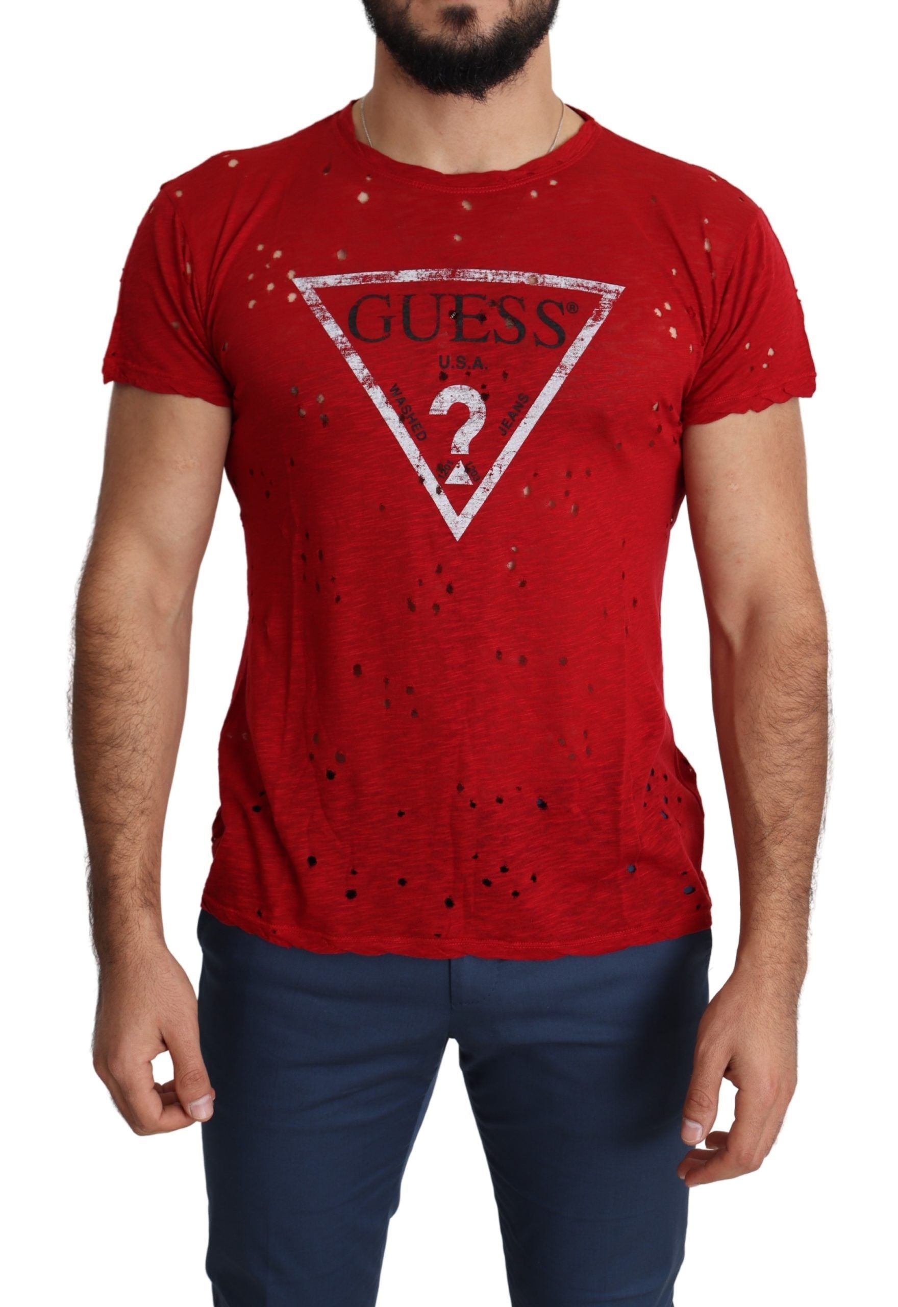 Guess Κόκκινο Βαμβακερό T-Shirt με Logo Print